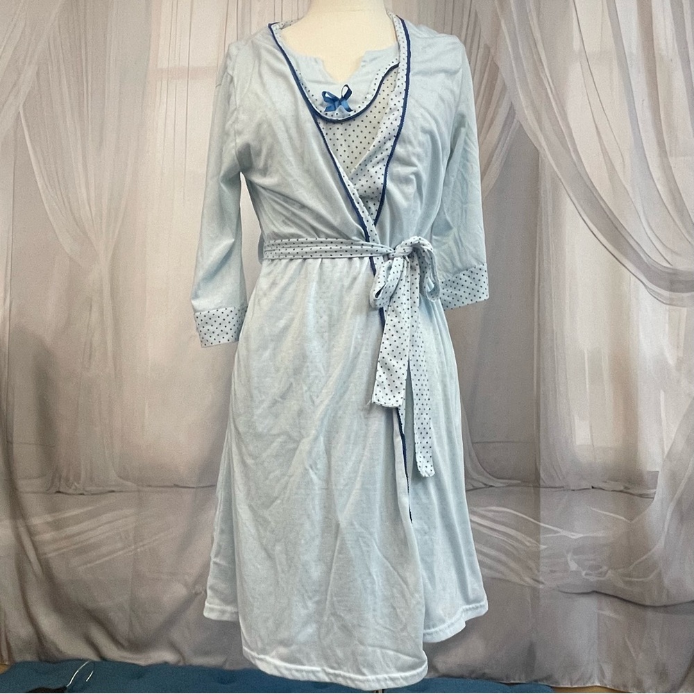 LATI Nightgown Sleepwear Light Blue Robe Set Polka Dot Trim